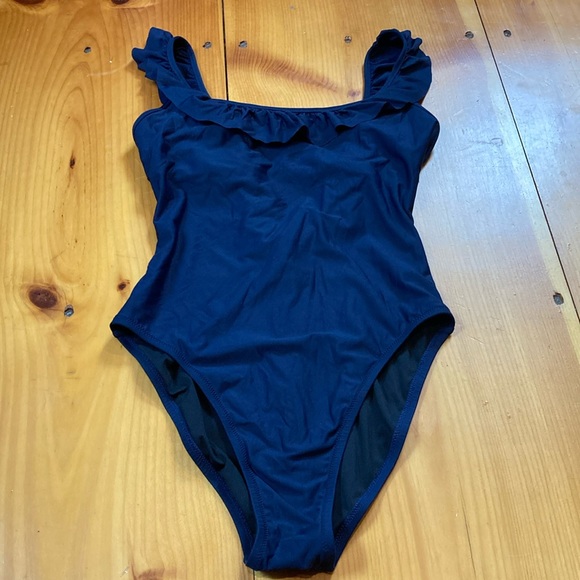 J CREW 10 Navy Blue Scoop Back Ruffled Strap One-Piece Bathing Suit Swimsuit - Picture 2 of 8